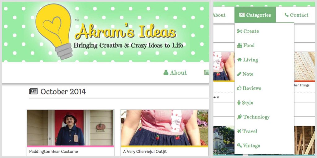 Akram's Ideas header and categories drop down