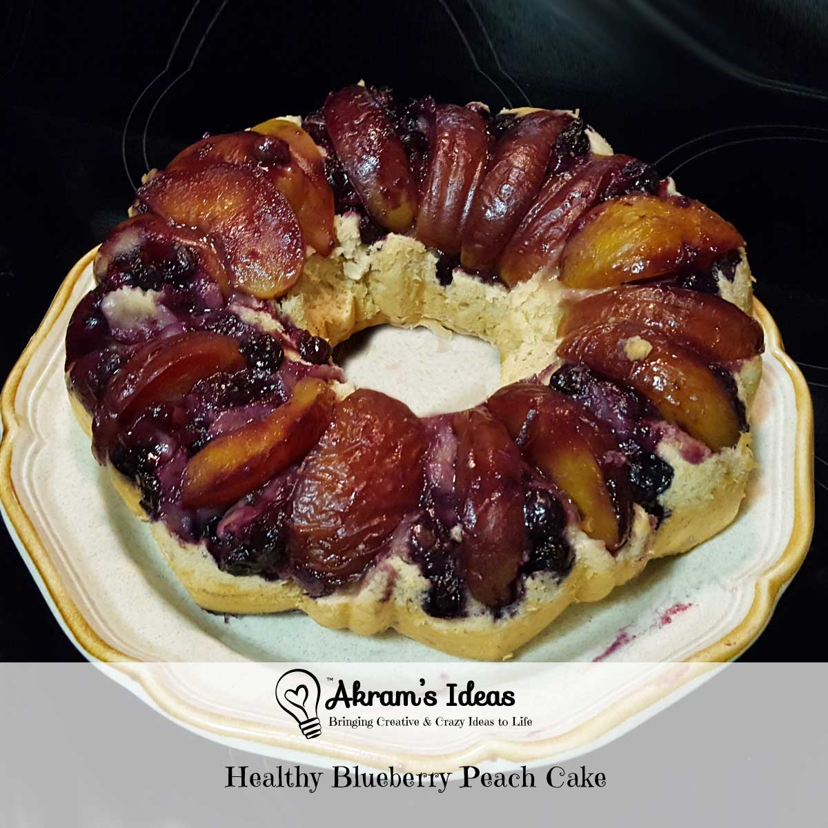 Recipe for healthy blueberry peach cake using a sugar free cake mix and bananas.